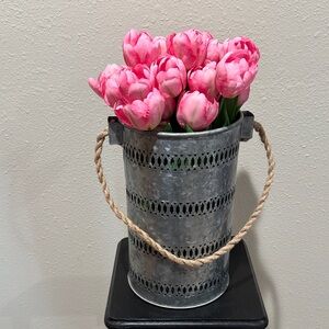 Pink Tulip Faux Floral Arrangement in Galvanized Bucket with Rope Handle